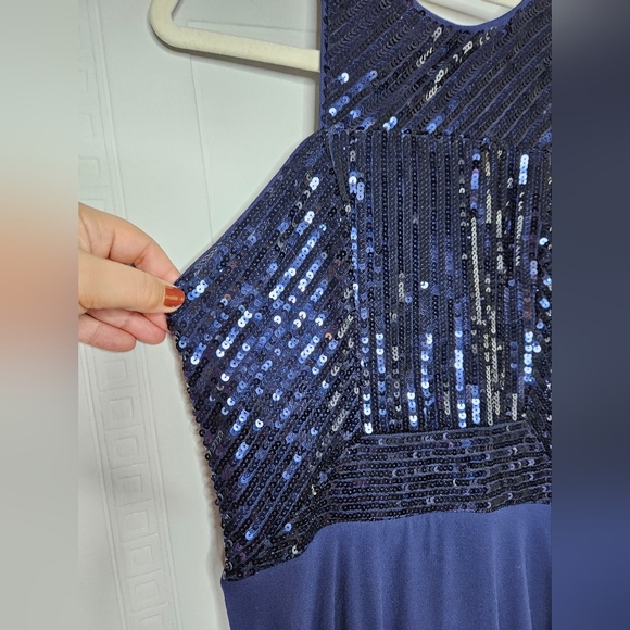 Beauty Kai Navy Sequin Halter Chiffon Empire Waist Maxi Dress S Glam Prom Formal - Picture 8 of 16